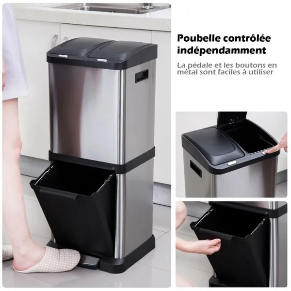 Poubelle de Tri Sélectif 3 Bacs de 8L+8L+16L Poignée Latérale en Acier Inoxydable PP ABS 30x32x77cm Noir + Argenté