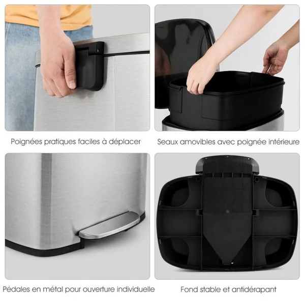 Poubelle à Pédale Acier en inox. 50L avec Couvercle Anti-odeur Souple Intérieur en Plastique