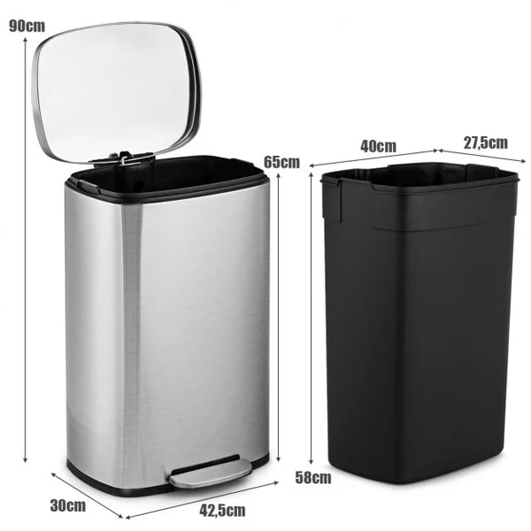 Poubelle à Pédale Acier en inox. 50L avec Couvercle Anti-odeur Souple Intérieur en Plastique