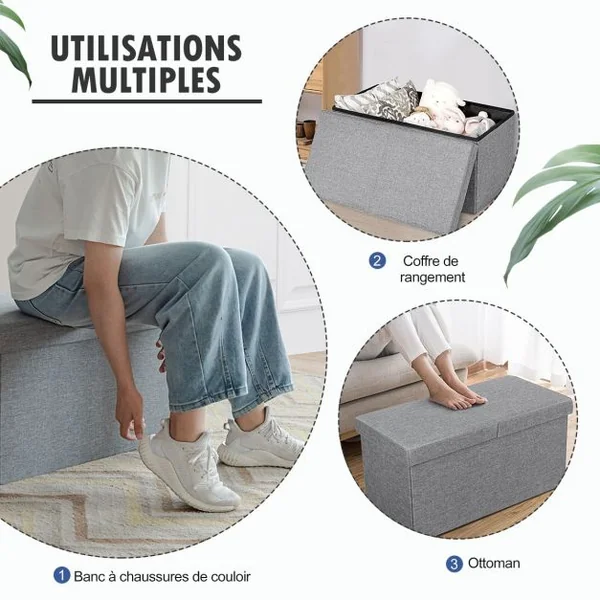 Pouf de Rangement Coffre de Rangement Pliant de 80L Chargement de 150kg 76 x 38 x 38 cm