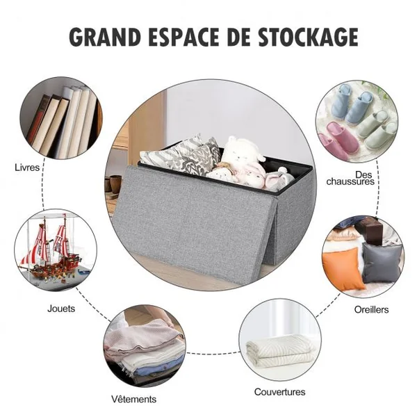 Pouf de Rangement Coffre de Rangement Pliant de 80L Chargement de 150kg 76 x 38 x 38 cm