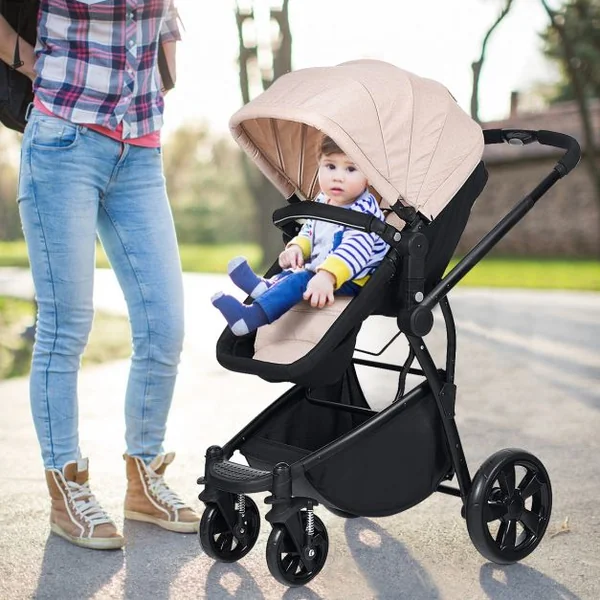 Poussette Bébé Combiné 2 en 1 Poussette Canne Poussette Landau Pliable pour Enfants de 0-36 Mois 97,5x58,5x95cm Beige