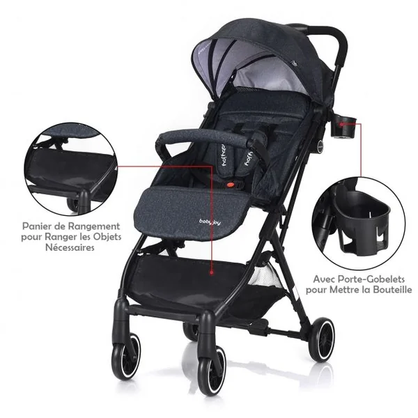 Poussette bébé enfant 2 en 1 avec la Ceinture de sécurité 5 Points Pliable Ultra compacte, 81x47.5x104cm, foncé