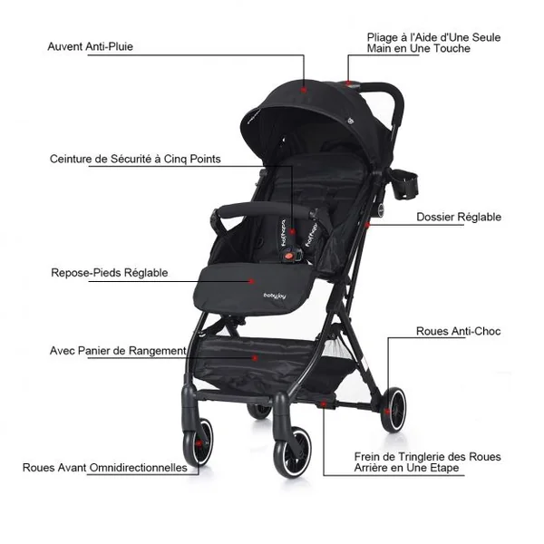 Poussette bébé enfant 2 en 1 avec la Ceinture de sécurité 5 Points, Pliable Ultra compacte, 81x47,5x104cm, Noir