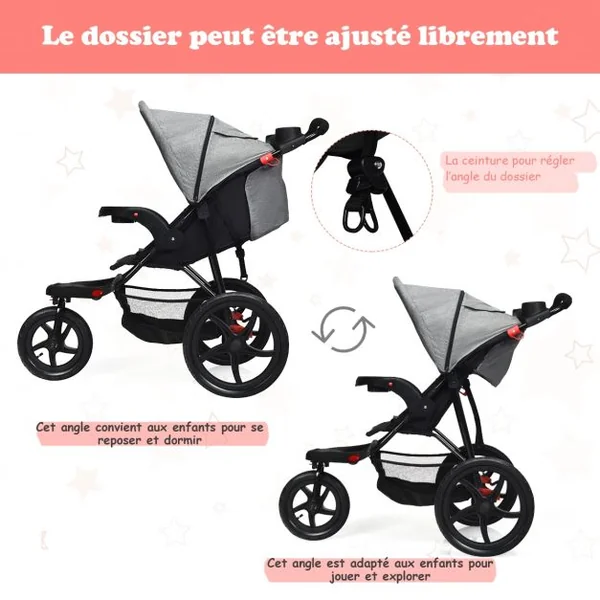 Poussette Pliable 3 Roues pour Bébé de 6-36 Mois avec Grand Panier et Plateau Capacité 15 Kg 76x50x107cm Gris