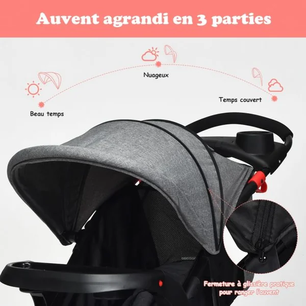 Poussette Pliable 3 Roues pour Bébé de 6-36 Mois avec Grand Panier et Plateau Capacité 15 Kg 76x50x107cm Gris