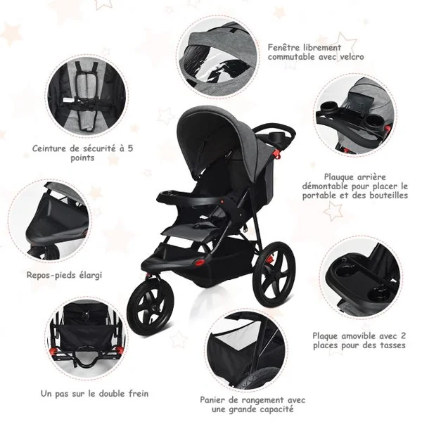 Poussette Pliable 3 Roues pour Bébé de 6-36 Mois avec Grand Panier et Plateau Capacité 15 Kg 76x50x107cm Gris