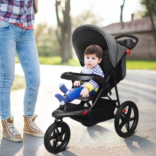 Poussette Pliable 3 Roues pour Bébé de 6-36 Mois avec Grand Panier et Plateau Capacité 15 Kg 76x50x107cm Gris