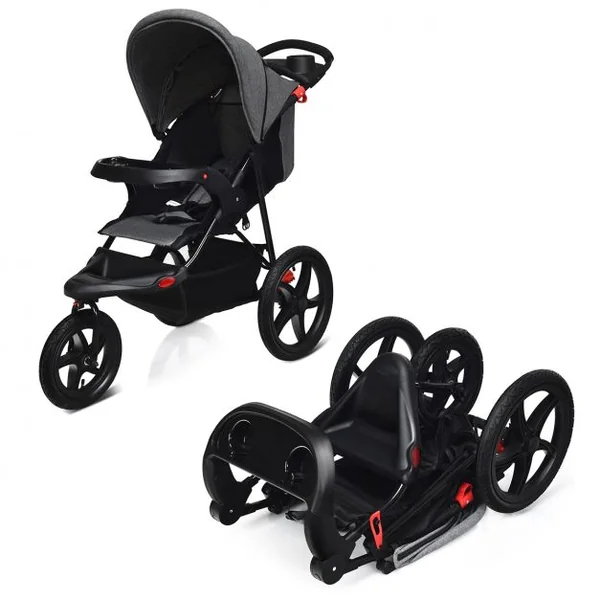 Poussette Pliable 3 Roues pour Bébé de 6-36 Mois avec Grand Panier et Plateau Capacité 15 Kg 76x50x107cm Gris
