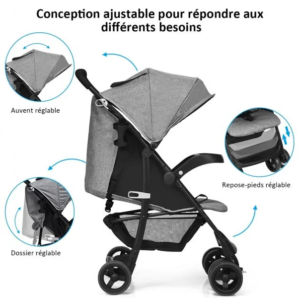 Poussette Pliable pour Bébé de 6-36 Mois avec Pare-soleil Angle de Dossier Réglable Capacité 15 Kg 76x50x107cm Gris