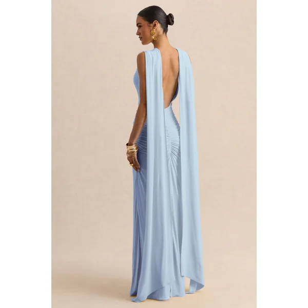 Premiere | Robe longue bleu poudré à encolure bateau avec manches cape et dos ouvert