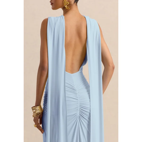 Premiere | Robe longue bleu poudré à encolure bateau avec manches cape et dos ouvert