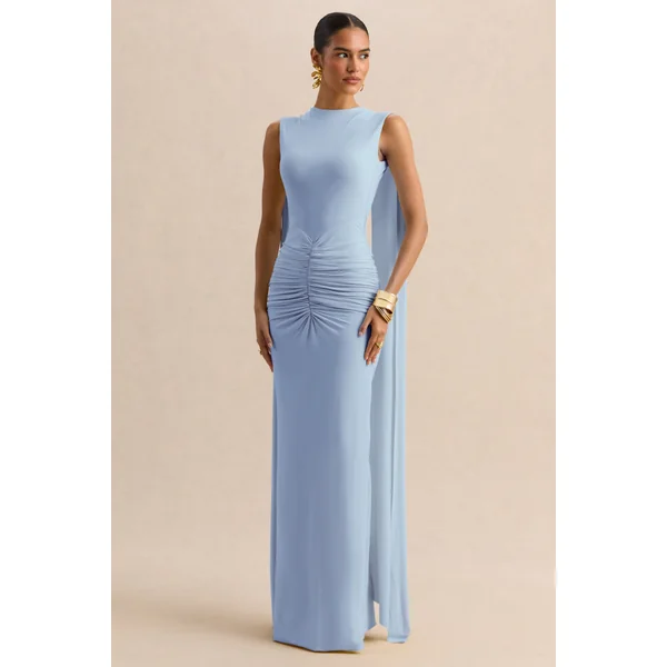 Premiere | Robe longue bleu poudré à encolure bateau avec manches cape et dos ouvert