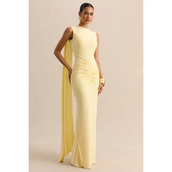Premiere | Robe longue citron à encolure bateau avec manches cape et dos ouvert