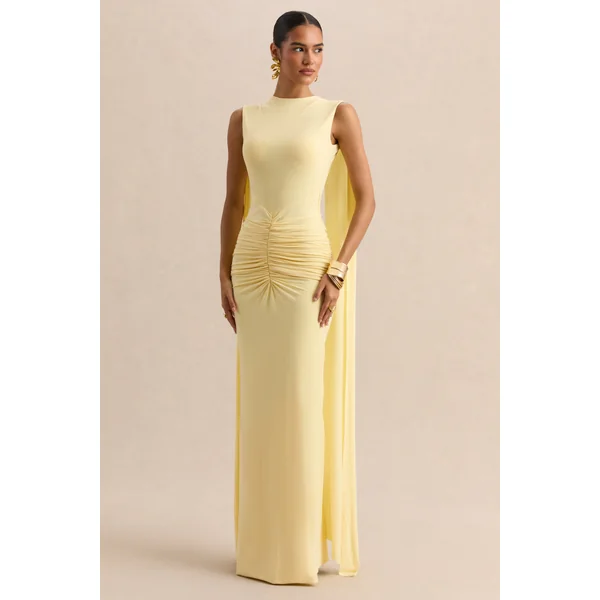 Premiere | Robe longue citron à encolure bateau avec manches cape et dos ouvert