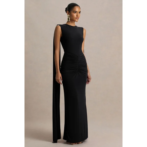 Premiere | Robe longue noire à col bateau et dos ouvert avec manches cape