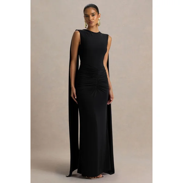 Premiere | Robe longue noire à col bateau et dos ouvert avec manches cape