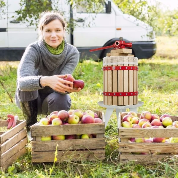 Pressoir à Fruits Manuel sur Pied Presse-agrumes par Pression de Broche Long Manche Capacité 6L en Bois de Chêne + Fer