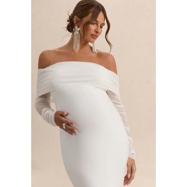 Pretty Perfect | Robe de maternité blanche longue bardot en tulle froncé