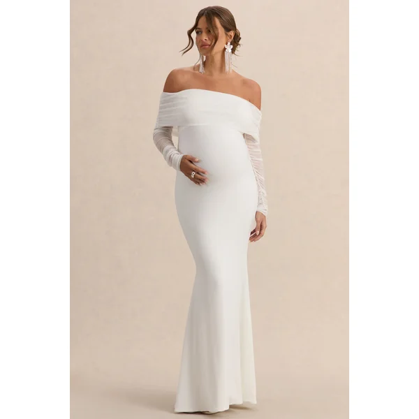 Pretty Perfect | Robe de maternité blanche longue bardot en tulle froncé