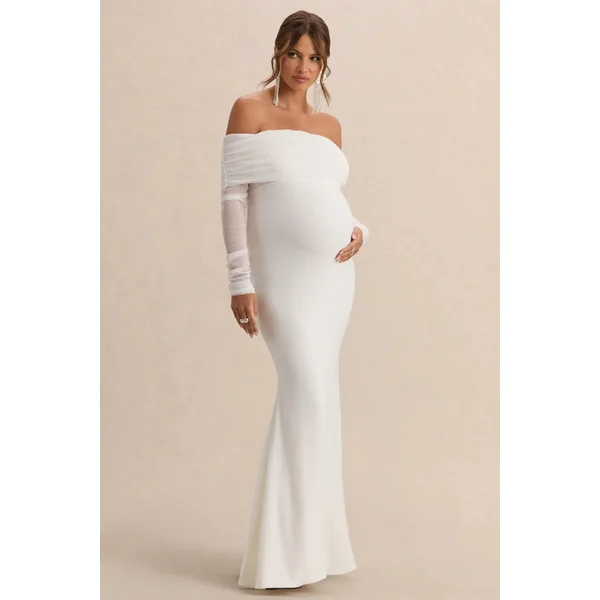 Pretty Perfect | Robe de maternité blanche longue bardot en tulle froncé