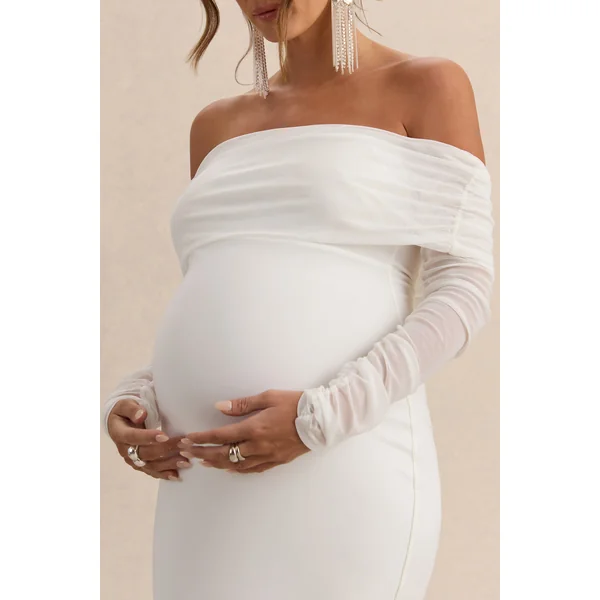 Pretty Perfect | Robe de maternité blanche longue bardot en tulle froncé