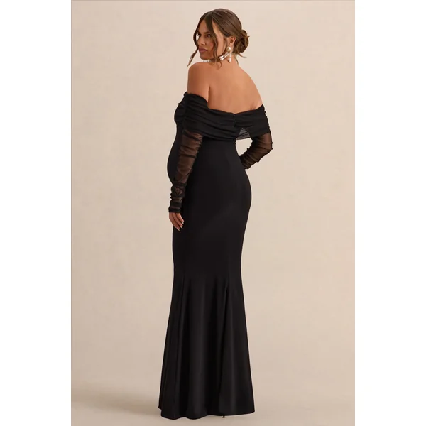 Pretty Perfect | Robe de maternité longue noire à décolleté bardot