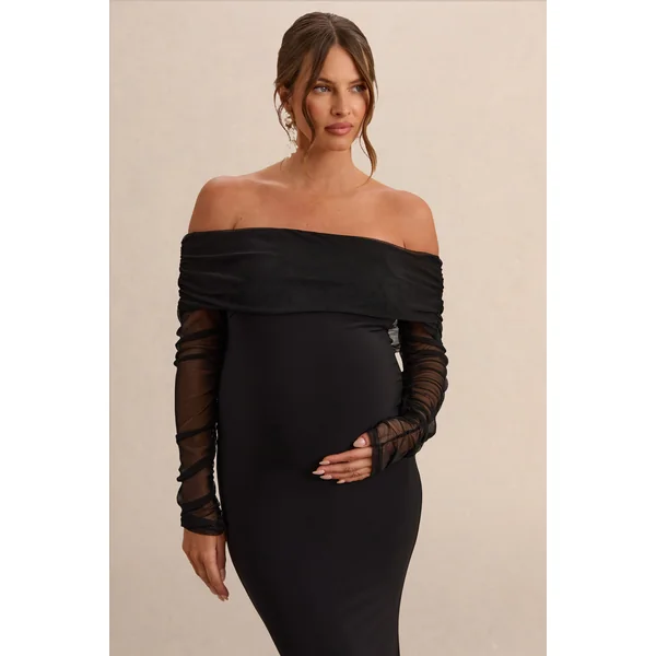Pretty Perfect | Robe de maternité longue noire à décolleté bardot
