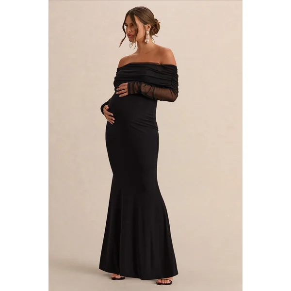 Pretty Perfect | Robe de maternité longue noire à décolleté bardot