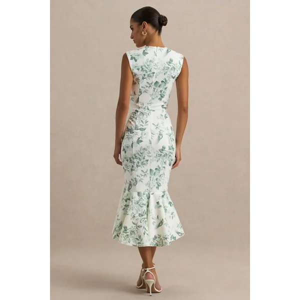 Priceless | Robe mi-longue sirène à col montant imprimé porcelaine vert