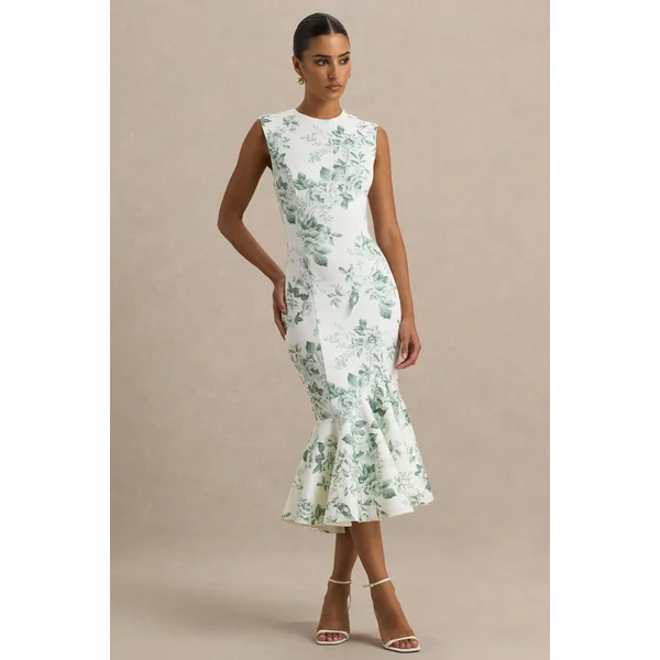 Priceless | Robe mi-longue sirène à col montant imprimé porcelaine vert