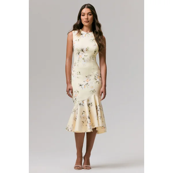 Priceless | Robe mi-longue sirène à col rond et imprimé citron