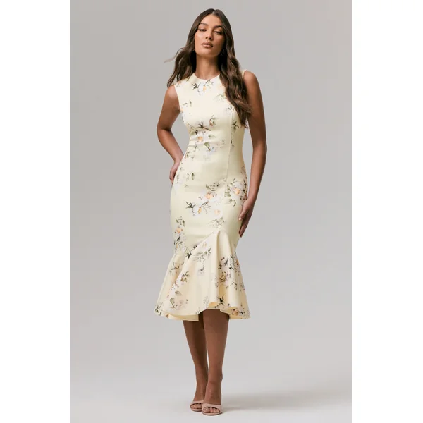 Priceless | Robe mi-longue sirène à col rond et imprimé citron