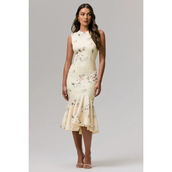 Priceless | Robe mi-longue sirène à col rond et imprimé citron