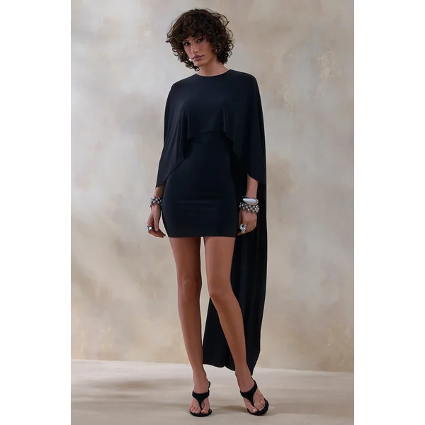 Prislia | Mini-robe noire à encolure ronde avec cape
