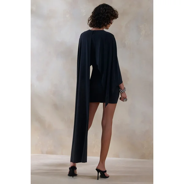Prislia | Mini-robe noire à encolure ronde avec cape