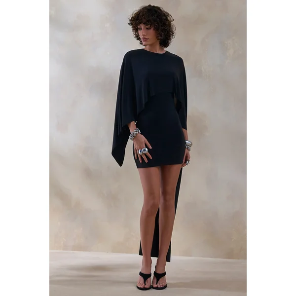 Prislia | Mini-robe noire à encolure ronde avec cape