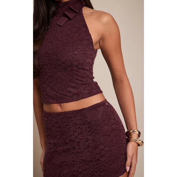 Prune Foncé Mini-jupe Drapée Avec Détail En Mesh