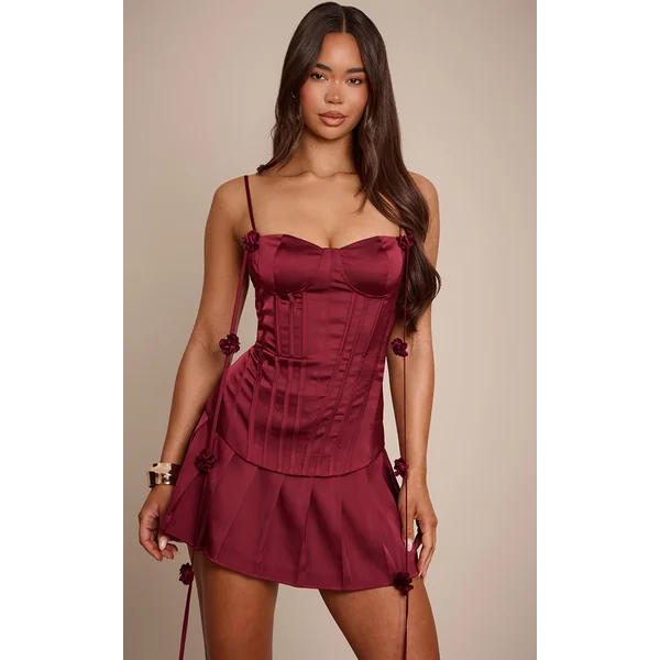 Prune Robe Droite Drapée En Satin Avec Corset Et Fleurs