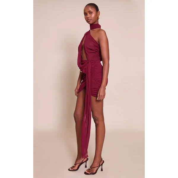 Prune Robe Moulante Drapée Asymétrique En Mousseline Transparente Avec Détails Froncés