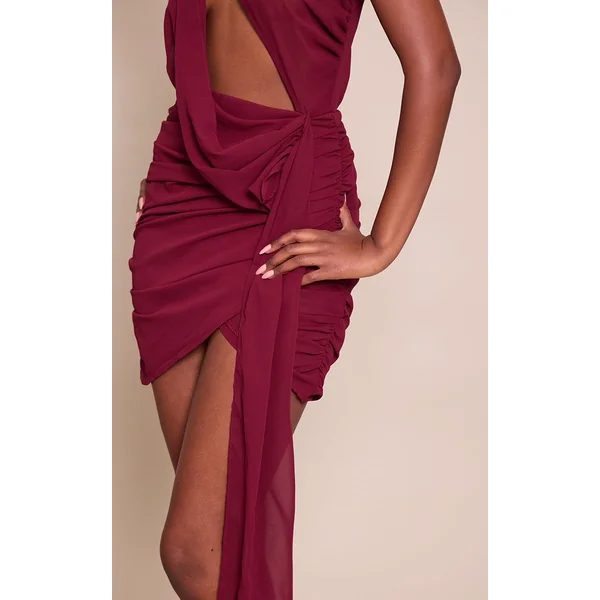 Prune Robe Moulante Drapée Asymétrique En Mousseline Transparente Avec Détails Froncés
