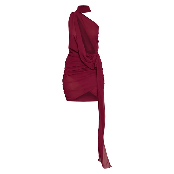 Prune Robe Moulante Drapée Asymétrique En Mousseline Transparente Avec Détails Froncés