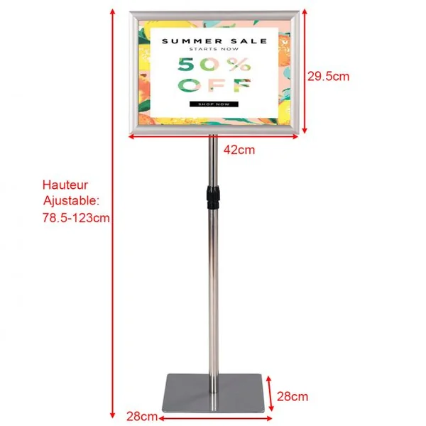 Présentoir sur pied Porte affiche A3/A4 sur Pied Hauteur et angle réglable 78,5-123 cm, en Acier Inoxydable, Argent