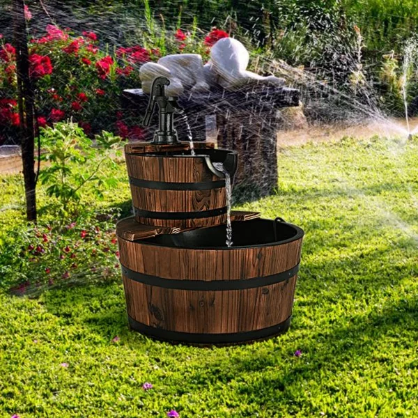Puit Décoration de Jardin 2 Etages Fontaine en Cascade de Cour avec Pompe Ecoulement d’Eau Ajustable en Bois de Sapin