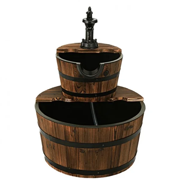 Puit Décoration de Jardin 2 Etages Fontaine en Cascade de Cour avec Pompe Ecoulement d’Eau Ajustable en Bois de Sapin