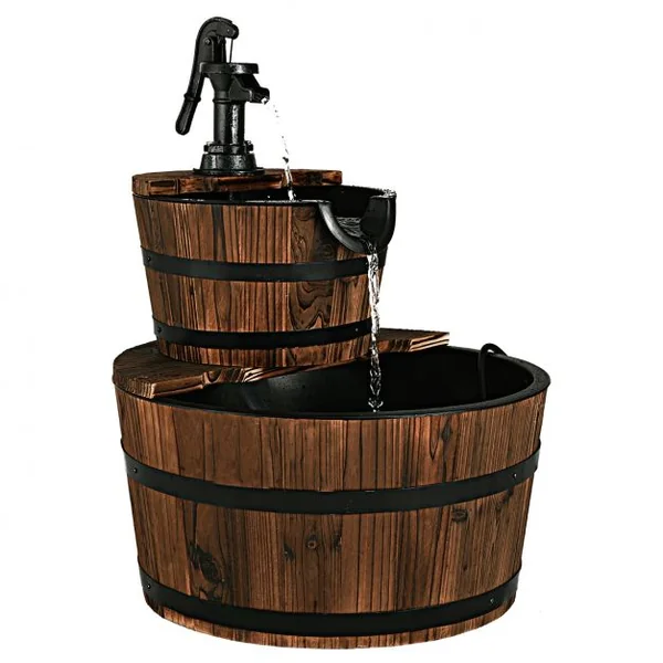 Puit Décoration de Jardin 2 Etages Fontaine en Cascade de Cour avec Pompe Ecoulement d’Eau Ajustable en Bois de Sapin