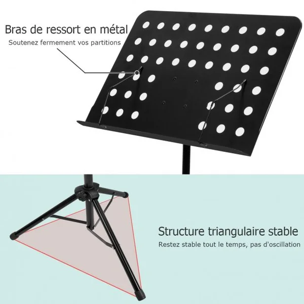 Pupitre pour Partition Pliable Hauteur Réglable en Métal avec Sac Pince Angle Inclinable Charge Max 2,5KG