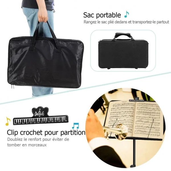 Pupitre pour Partition Pliable Hauteur Réglable en Métal avec Sac Pince Angle Inclinable Charge Max 2,5KG
