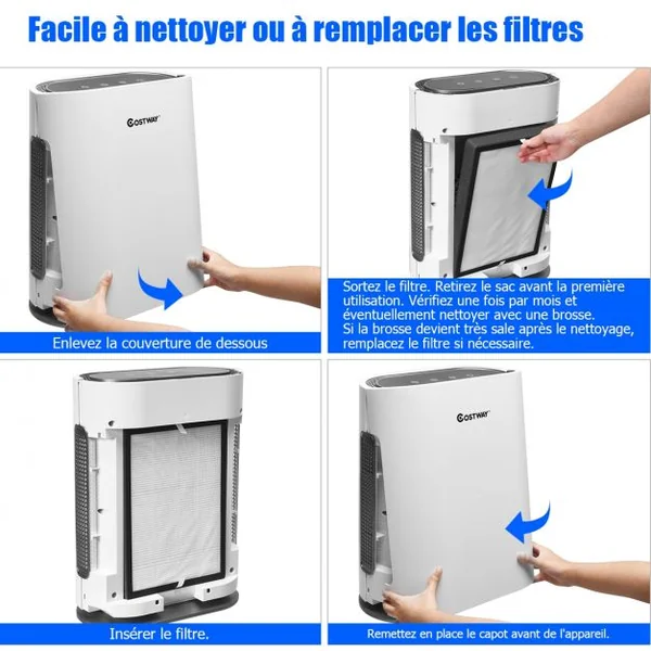Purificateur D'air avec Filtre Hepa Fonction d'Ion Négatif Veille Minuterie 1-2-4-8h 4 Vitesses 35x18x465cm Blanc