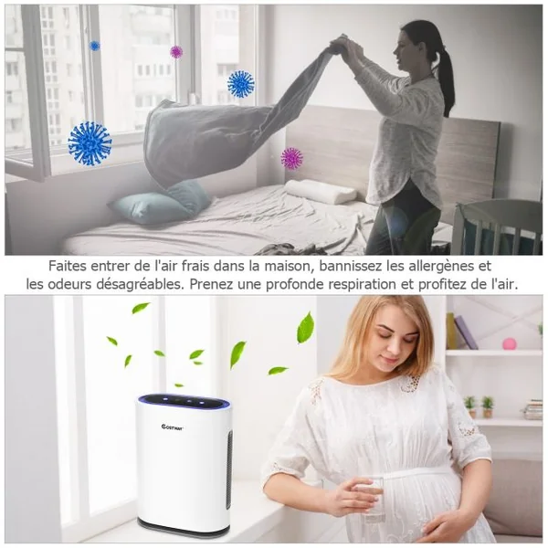 Purificateur D'air avec Filtre Hepa Fonction d'Ion Négatif Veille Minuterie 1-2-4-8h 4 Vitesses 35x18x465cm Blanc